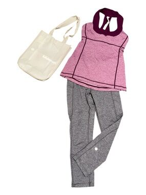 Lululemon Bundle Grey Leggings Magenta Tank Top + Shopping Nylon Tote Size 4 EUC